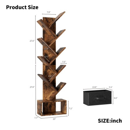 9 Tier Tree Bookshelf With Drawer Bookcase, Modern Book Storage, Free Standing Tree Bookcase, Utility Organizer Shelves For Home Office, Living Room, Bedroom, Rustic Brown
