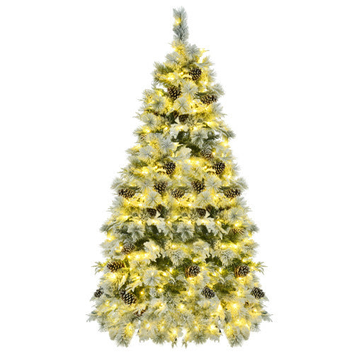 "6FT Pre-Lit Snow Flocked Christmas Tree with Pine Cones | Artificial Xmas Tree with 250 Multi-Color LED Lights & 11 Flashing Modes"