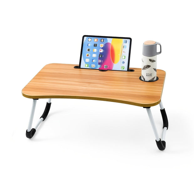 "Folding Metal Desk Bed with Storage, Cup Holder & Tablet Holder | Space-Saving Multi-Functional Furniture"