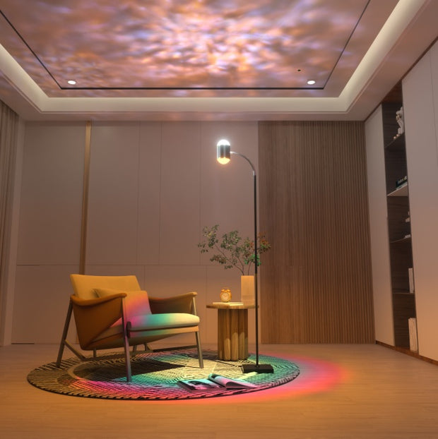 EP LIGHT Dual Head Floor Lamp Aurora Projector Lights illuminating a cozy interior with colorful patterns on the ceiling.