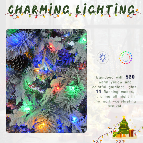 "6FT Pre-Lit Snow Flocked Christmas Tree with Pine Cones | Artificial Xmas Tree with 250 Multi-Color LED Lights & 11 Flashing Modes"