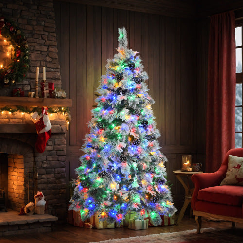 "6FT Pre-Lit Snow Flocked Christmas Tree with Pine Cones | Artificial Xmas Tree with 250 Multi-Color LED Lights & 11 Flashing Modes"
