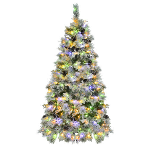 "6FT Pre-Lit Snow Flocked Christmas Tree with Pine Cones | Artificial Xmas Tree with 250 Multi-Color LED Lights & 11 Flashing Modes"