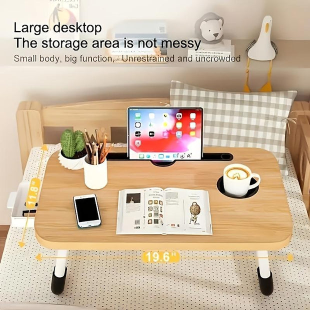 "Folding Metal Desk Bed with Storage, Cup Holder & Tablet Holder | Space-Saving Multi-Functional Furniture"