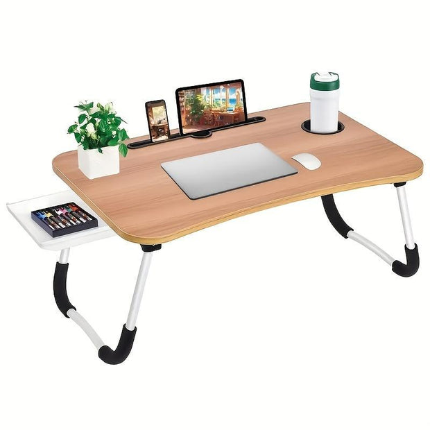 "Folding Metal Desk Bed with Storage, Cup Holder & Tablet Holder | Space-Saving Multi-Functional Furniture"