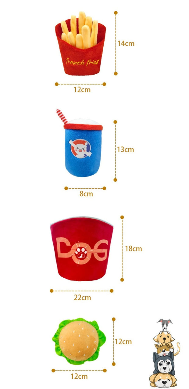 4-in-1 Fast Food Bucket Dog Cat Toy Set, Squeaky Plush Bucket, Fries, Soda & Burger, Chew Toys Pets