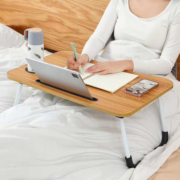 "Folding Metal Desk Bed with Storage, Cup Holder & Tablet Holder | Space-Saving Multi-Functional Furniture"