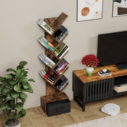 9 Tier Tree Bookshelf With Drawer Bookcase, Modern Book Storage, Free Standing Tree Bookcase, Utility Organizer Shelves For Home Office, Living Room, Bedroom, Rustic Brown
